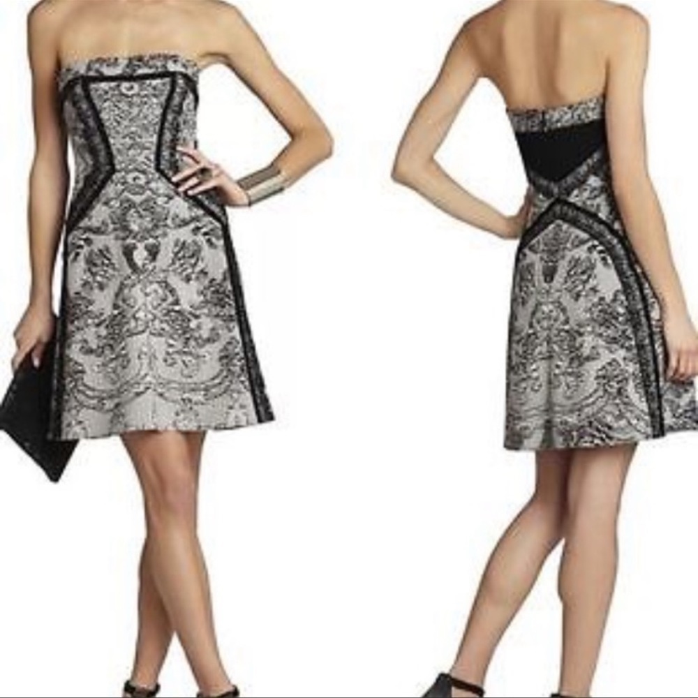 BCBG Sophiani Strapless A line Print Lace Detail Party Dress Size 8